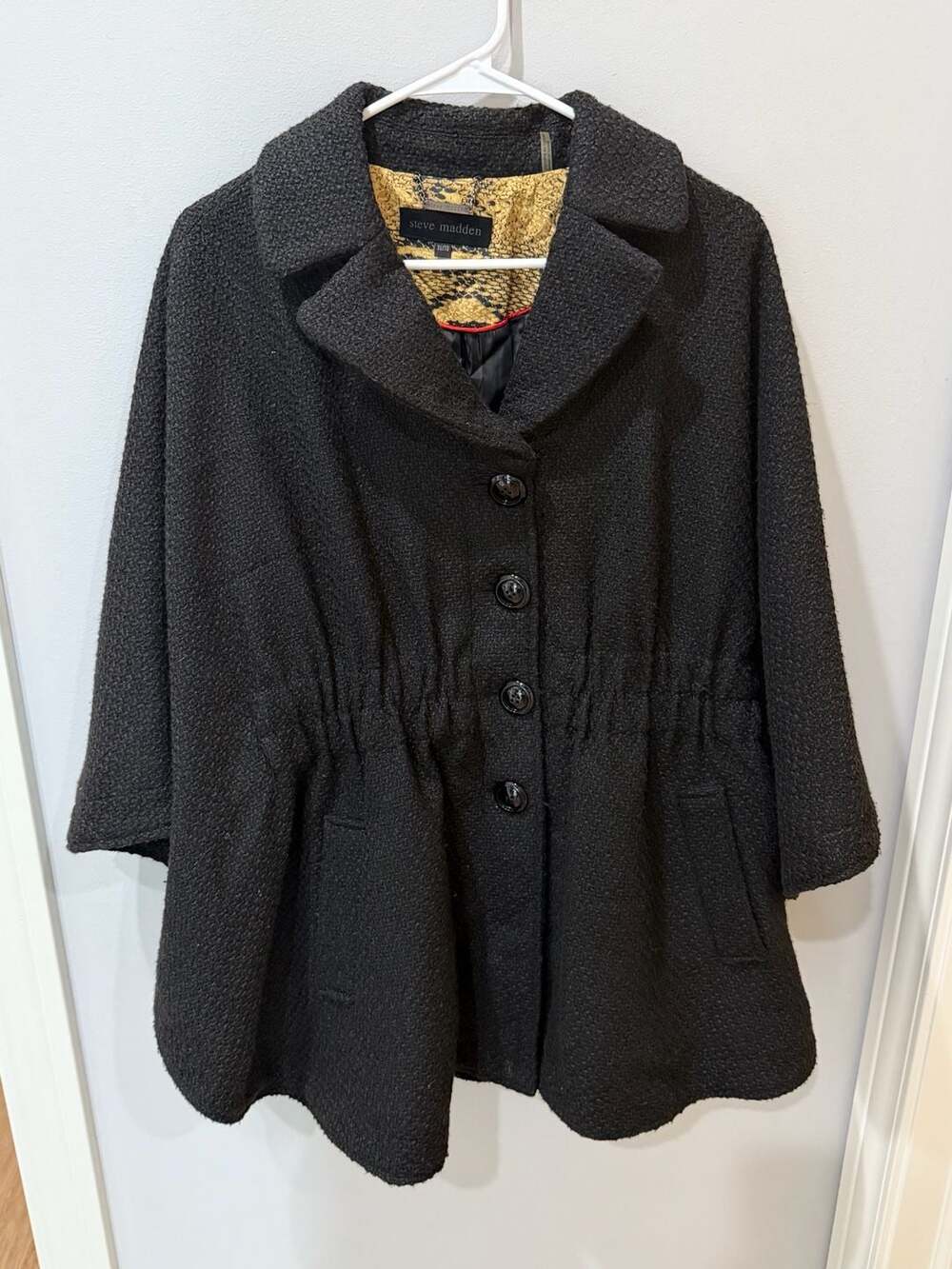 Steve Madden Women's Black Textured Swing Coat with Snakeskin Print Lining